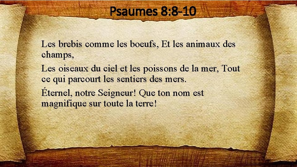 Psaumes 8: 8 -10 Les brebis comme les boeufs, Et les animaux des champs,