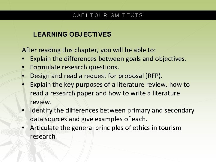 CABI TOURISM TEXTS LEARNING OBJECTIVES After reading this chapter, you will be able to: