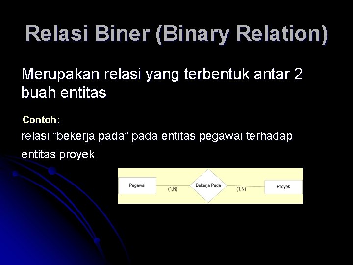Relasi Biner (Binary Relation) Merupakan relasi yang terbentuk antar 2 buah entitas Contoh: relasi Relasi Biner (Binary Relation) Merupakan relasi yang terbentuk antar 2 buah entitas Contoh: relasi