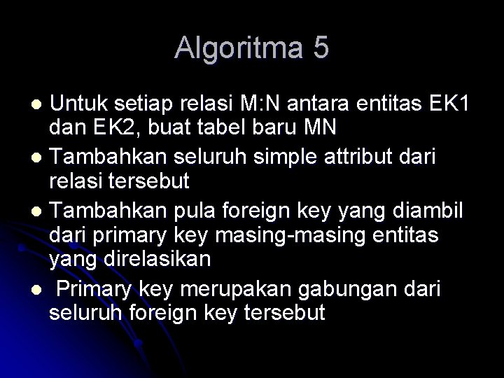 Algoritma 5 Untuk setiap relasi M: N antara entitas EK 1 dan EK 2, Algoritma 5 Untuk setiap relasi M: N antara entitas EK 1 dan EK 2,