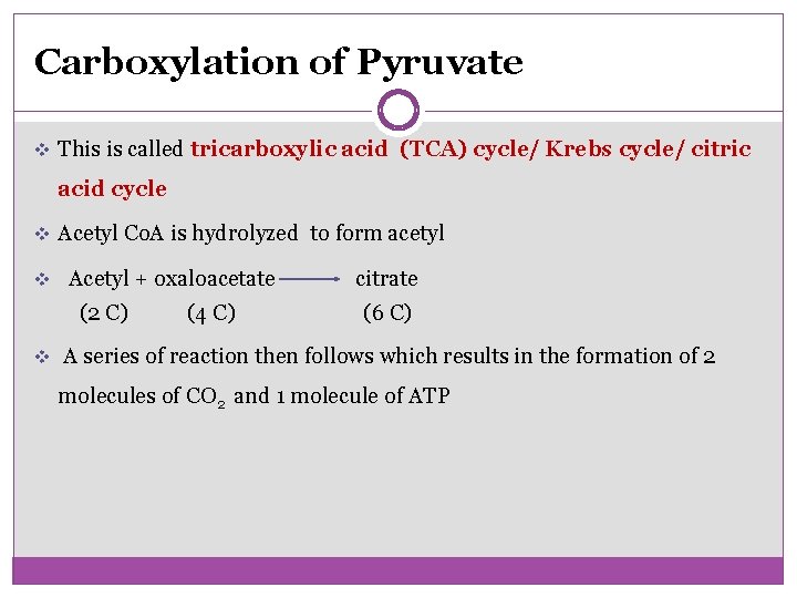 Carboxylation of Pyruvate v This is called tricarboxylic acid (TCA) cycle/ Krebs cycle/ citric