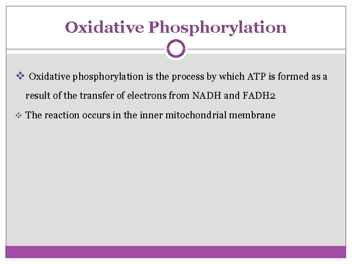 Oxidative Phosphorylation v Oxidative phosphorylation is the process by which ATP is formed as