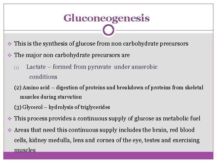 Gluconeogenesis v This is the synthesis of glucose from non carbohydrate precursors v The