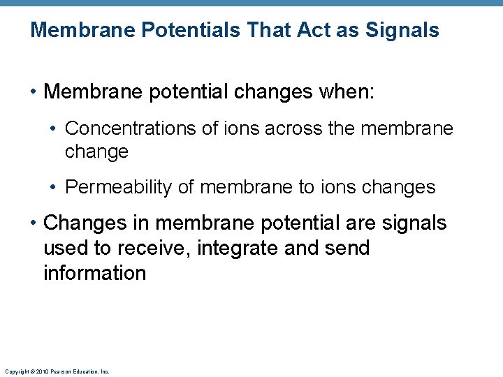 Membrane Potentials That Act as Signals • Membrane potential changes when: • Concentrations of