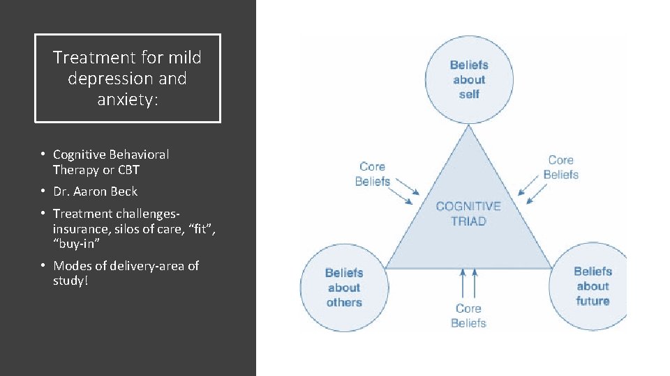 Treatment for mild depression and anxiety: • Cognitive Behavioral Therapy or CBT • Dr.