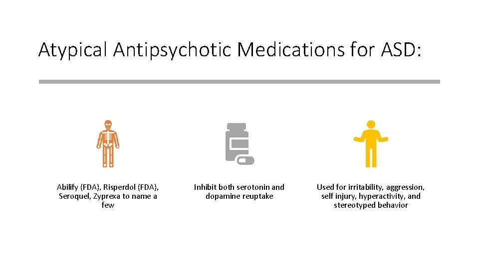 Atypical Antipsychotic Medications for ASD: Abilify (FDA), Risperdol (FDA), Seroquel, Zyprexa to name a