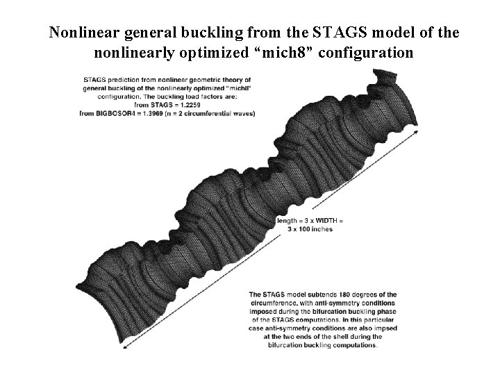 Nonlinear general buckling from the STAGS model of the nonlinearly optimized “mich 8” configuration