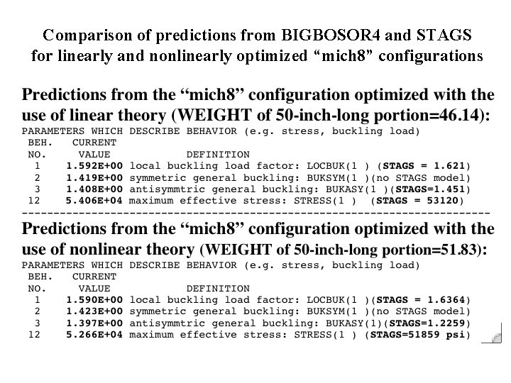 Comparison of predictions from BIGBOSOR 4 and STAGS for linearly and nonlinearly optimized “mich