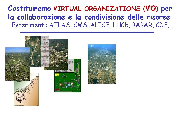 Costituiremo VIRTUAL ORGANIZATIONS (VO) per la collaborazione e la condivisione delle risorse: Esperimenti: ATLAS,