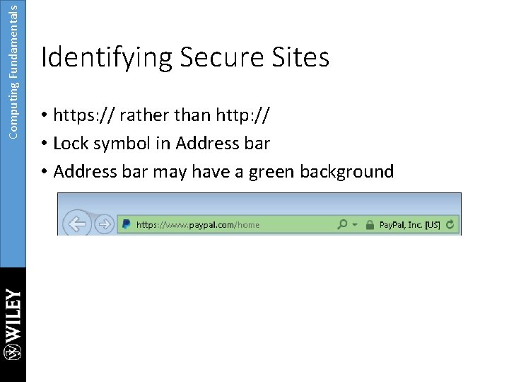 Computing Fundamentals Identifying Secure Sites • https: // rather than http: // • Lock