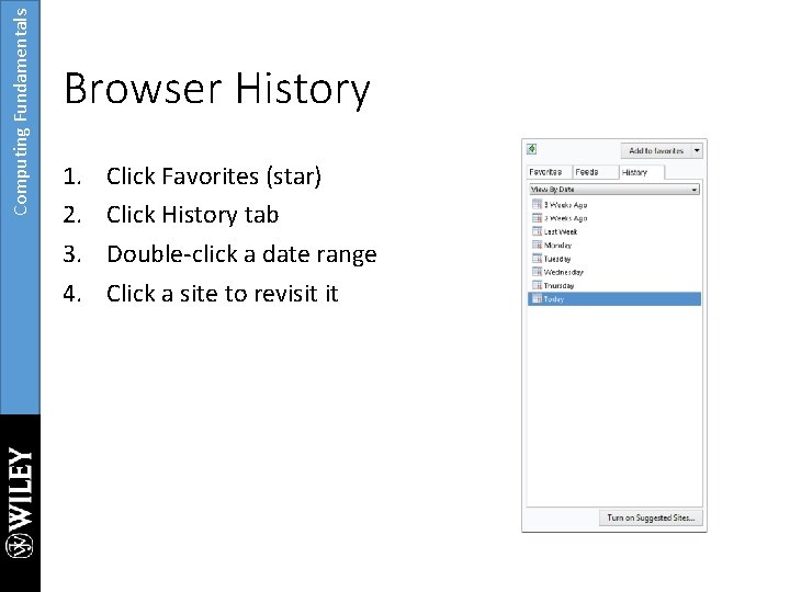 Computing Fundamentals Browser History 1. 2. 3. 4. Click Favorites (star) Click History tab