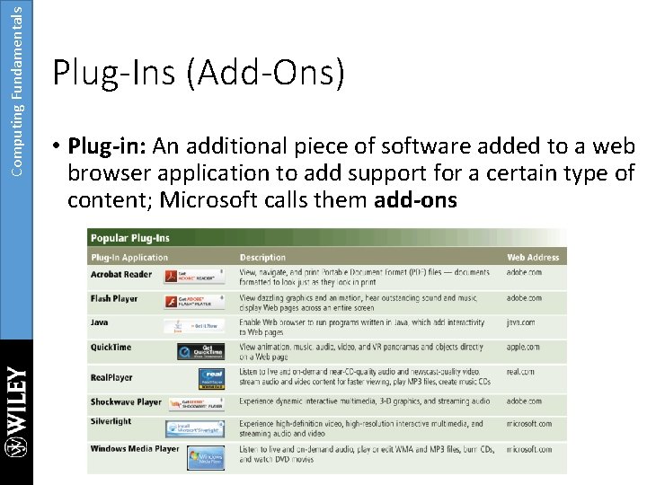 Computing Fundamentals Plug-Ins (Add-Ons) • Plug-in: An additional piece of software added to a