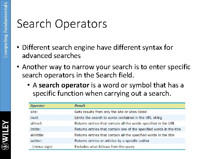 Computing Fundamentals Search Operators • Different search engine have different syntax for advanced searches