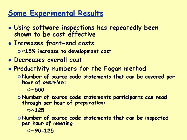 Some Experimental Results Using software inspections has repeatedly been shown to be cost effective