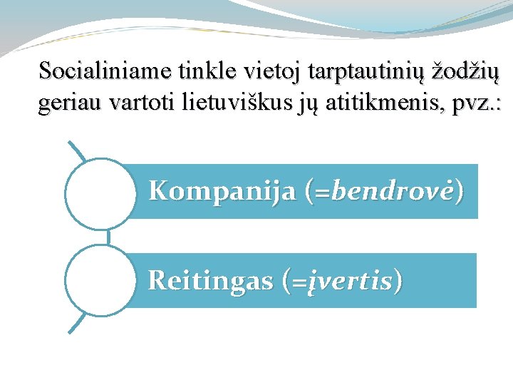 Socialiniame tinkle vietoj tarptautinių žodžių geriau vartoti lietuviškus jų atitikmenis, pvz. : Kompanija (=bendrovė)