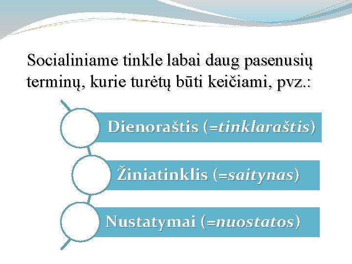 Socialiniame tinkle labai daug pasenusių terminų, kurie turėtų būti keičiami, pvz. : Dienoraštis (=tinklaraštis)