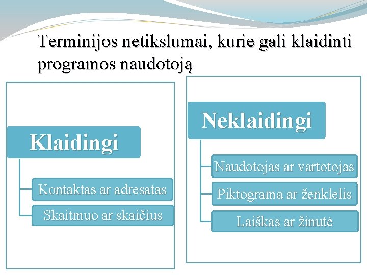 Terminijos netikslumai, kurie gali klaidinti programos naudotoją Klaidingi Neklaidingi Naudotojas ar vartotojas Kontaktas ar