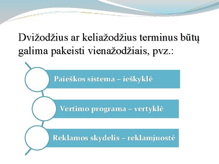 Dvižodžius ar keliažodžius terminus būtų galima pakeisti vienažodžiais, pvz. : Paieškos sistema − ieškyklė