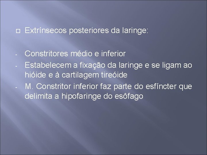  Extrínsecos posteriores da laringe: - Constritores médio e inferior Estabelecem a fixação da