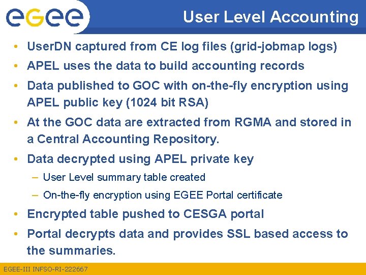 User Level Accounting • User. DN captured from CE log files (grid-jobmap logs) •