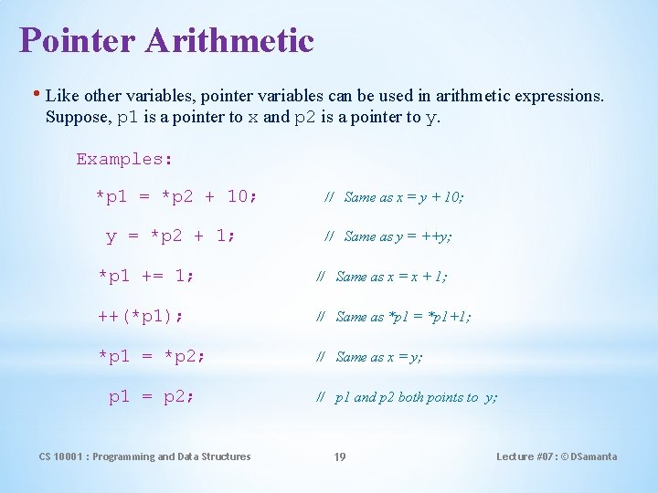 Pointer Arithmetic • Like other variables, pointer variables can be used in arithmetic expressions.