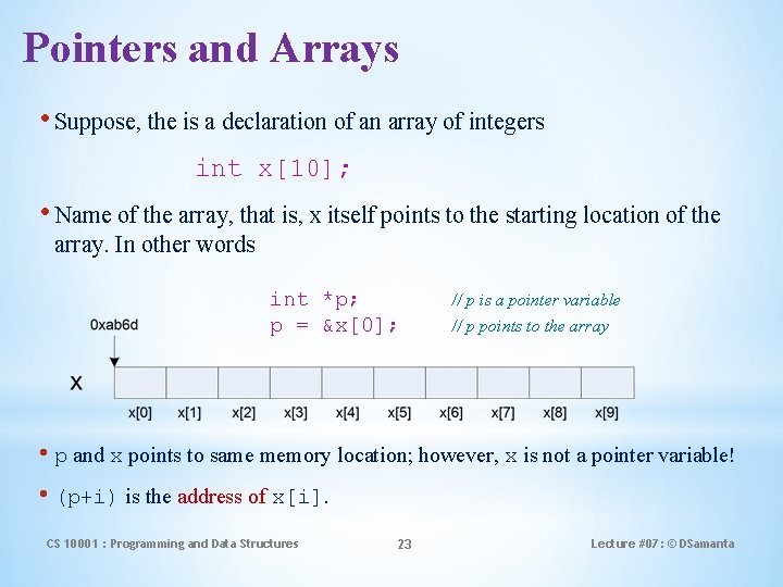 Pointers and Arrays • Suppose, the is a declaration of an array of integers