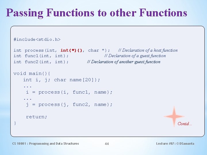 Passing Functions to other Functions #include<stdio. h> int process(int, int(*)(), char *); // Declaration