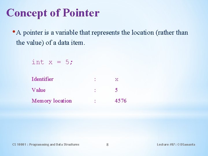 Concept of Pointer • A pointer is a variable that represents the location (rather