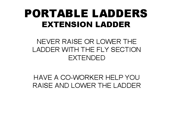 PORTABLE LADDERS EXTENSION LADDER NEVER RAISE OR LOWER THE LADDER WITH THE FLY SECTION