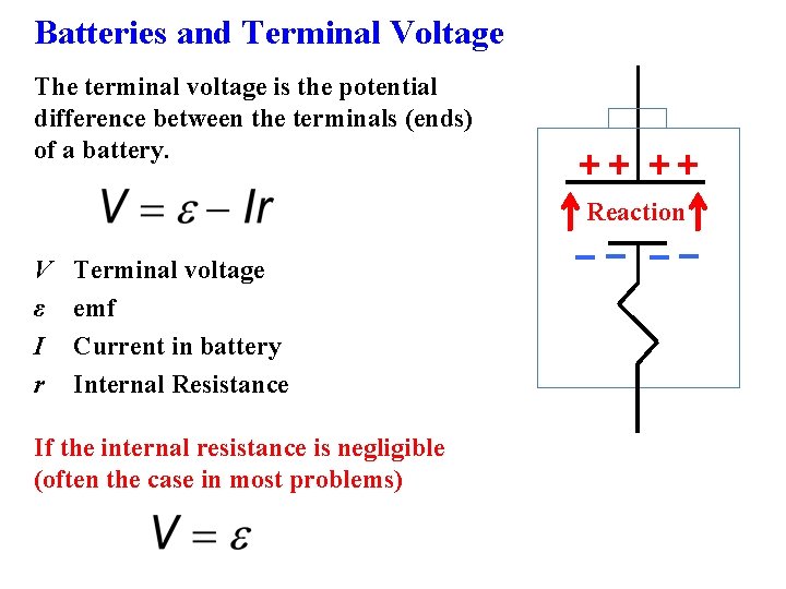 Batteries and Terminal Voltage The terminal voltage is the potential difference between the terminals