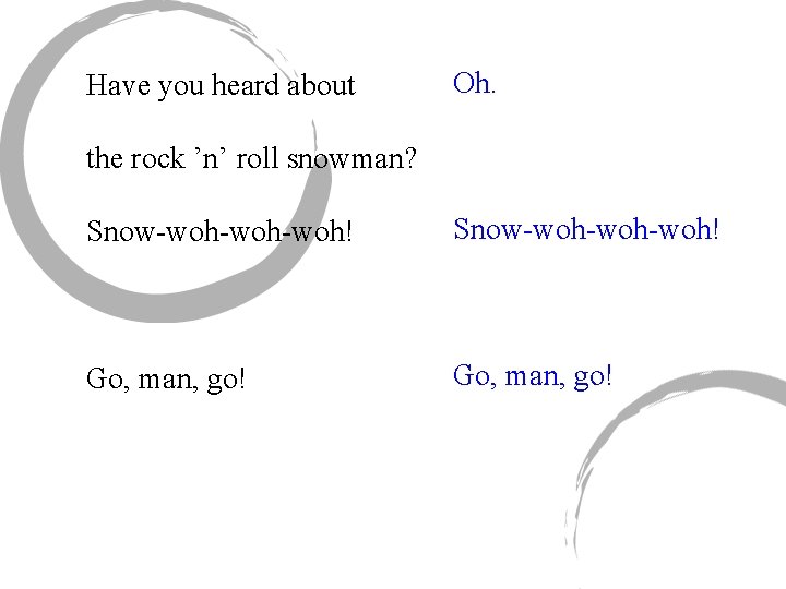 Have you heard about Oh. the rock ’n’ roll snowman? Snow-woh-woh-woh! Go, man, go!