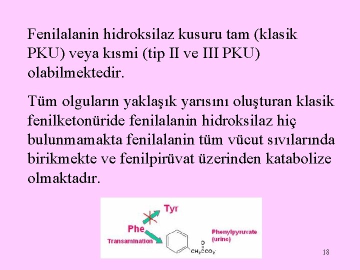 Fenilalanin hidroksilaz kusuru tam (klasik PKU) veya kısmi (tip II ve III PKU) olabilmektedir.