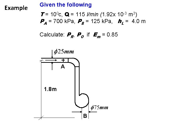 Example Given the following T = 100 c, Q = 115 l/min (1. 92
