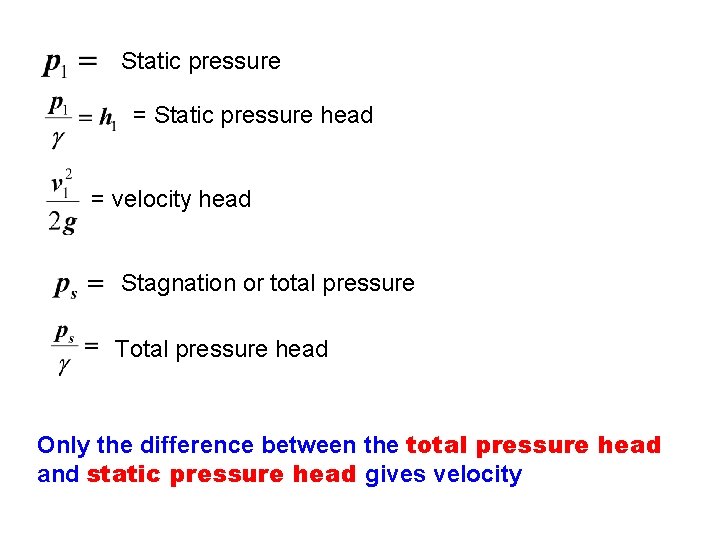 Static pressure = Static pressure head = velocity head Stagnation or total pressure Total