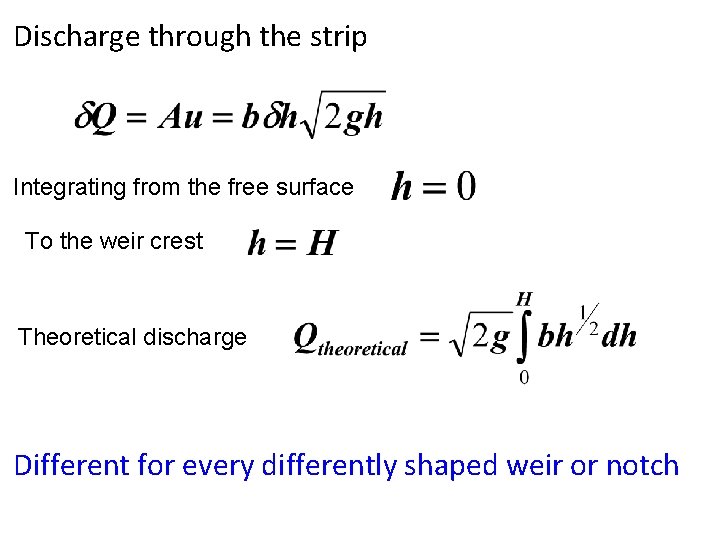 Discharge through the strip Integrating from the free surface To the weir crest Theoretical