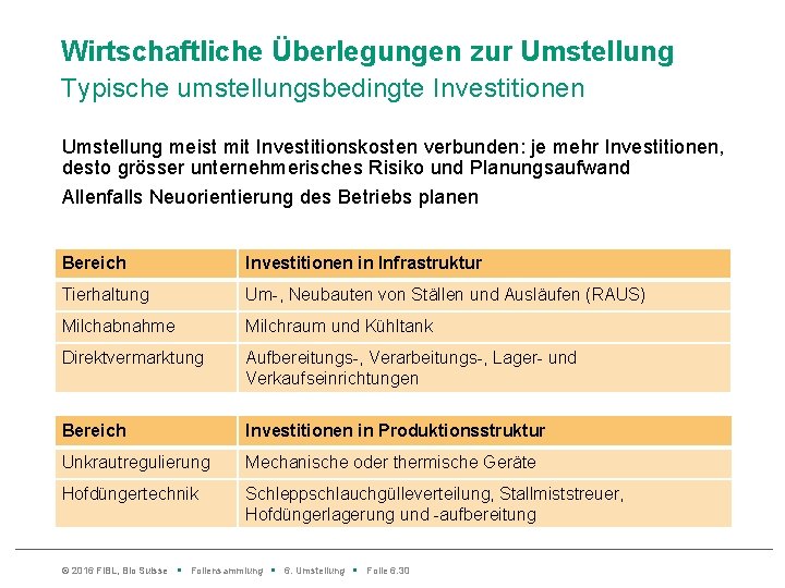 Wirtschaftliche Überlegungen zur Umstellung Typische umstellungsbedingte Investitionen Umstellung meist mit Investitionskosten verbunden: je mehr