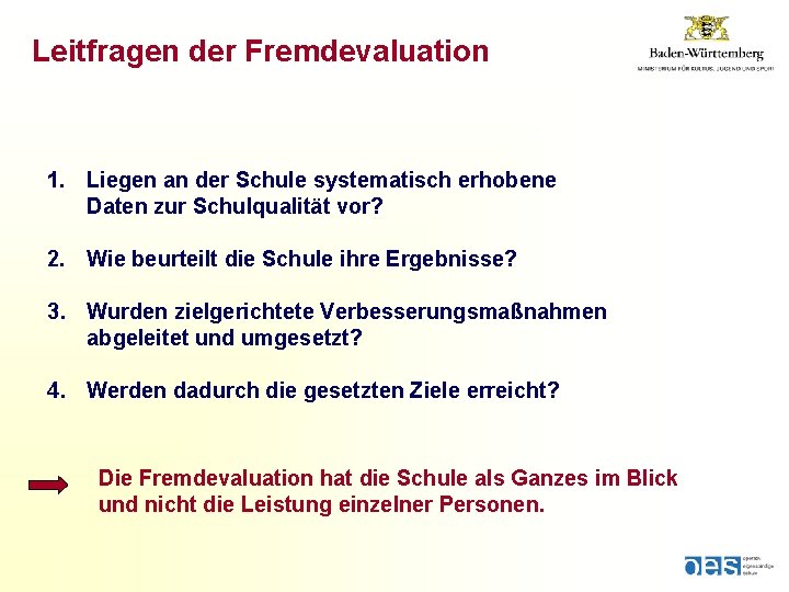 Leitfragen der Fremdevaluation 1. Liegen an der Schule systematisch erhobene Daten zur Schulqualität vor?