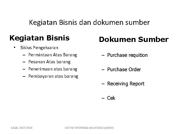 Kegiatan Bisnis dan dokumen sumber Kegiatan Bisnis • Siklus Pengeluaran – Permintaan Atas Barang