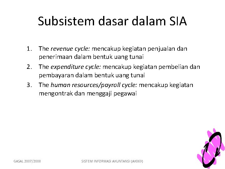 Subsistem dasar dalam SIA 1. The revenue cycle: mencakup kegiatan penjualan dan penerimaan dalam