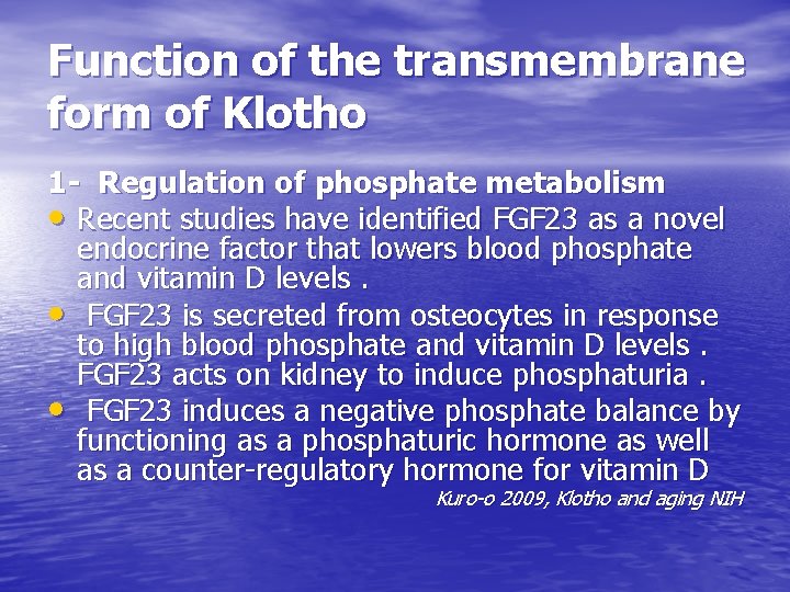 Function of the transmembrane form of Klotho 1 - Regulation of phosphate metabolism •