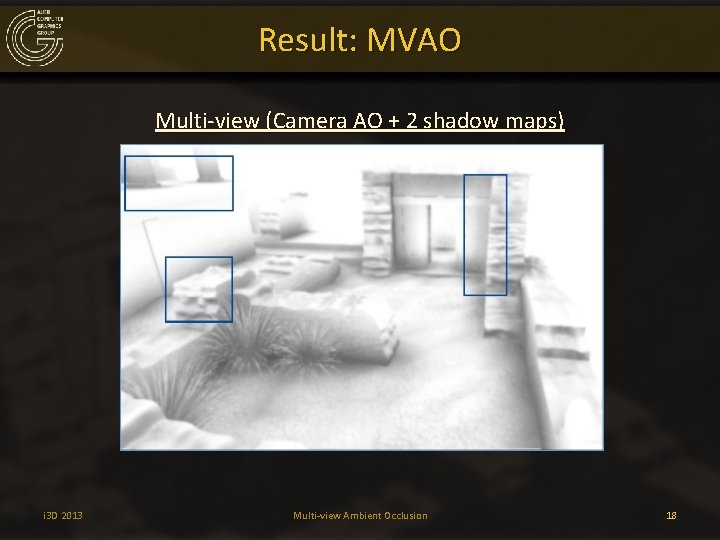 Result: MVAO Multi-view (Camera AO + 2 shadow maps) i 3 D 2013 Multi-view