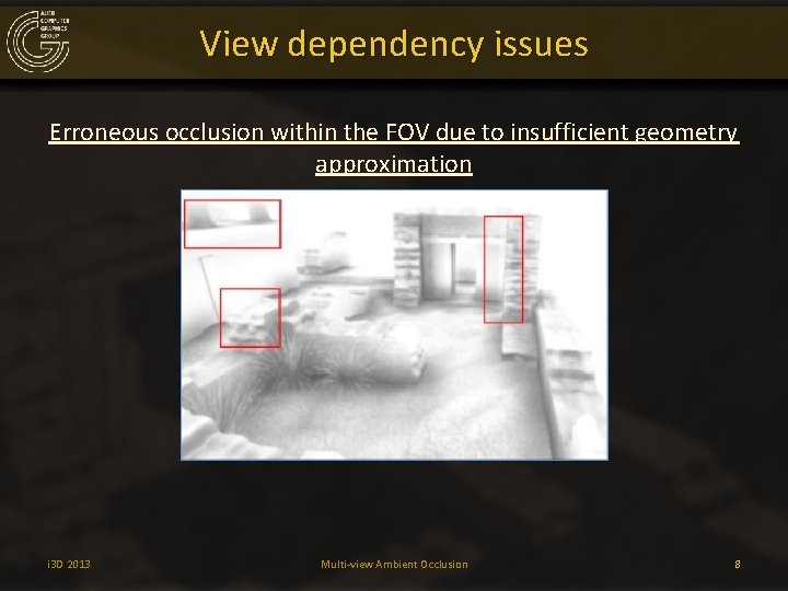 View dependency issues Erroneous occlusion within the FOV due to insufficient geometry approximation i