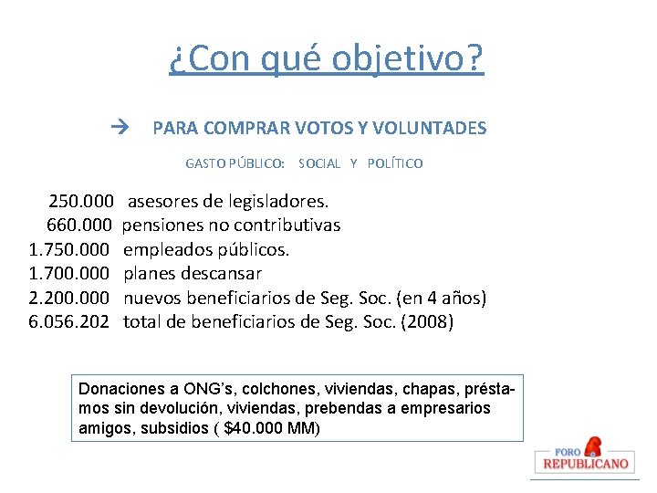 ¿Con qué objetivo? PARA COMPRAR VOTOS Y VOLUNTADES GASTO PÚBLICO: SOCIAL Y POLÍTICO 250.