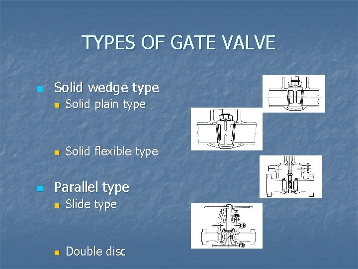 TYPES OF GATE VALVE n n Solid wedge type n Solid plain type n