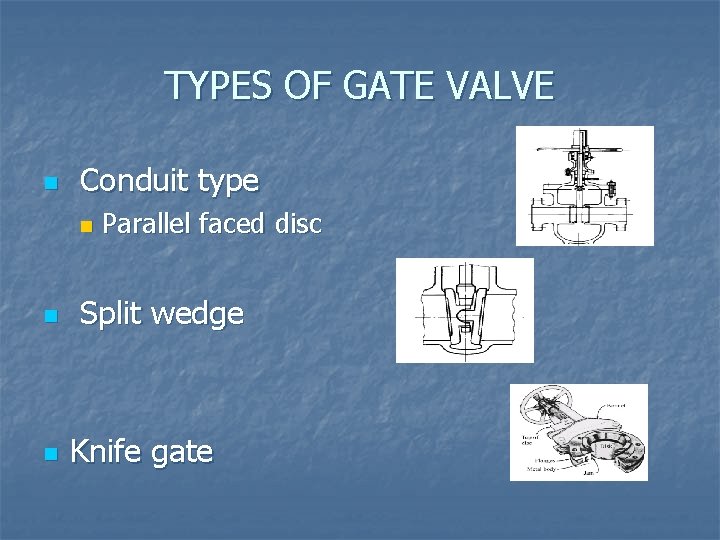 TYPES OF GATE VALVE n Conduit type n n n Parallel faced disc Split