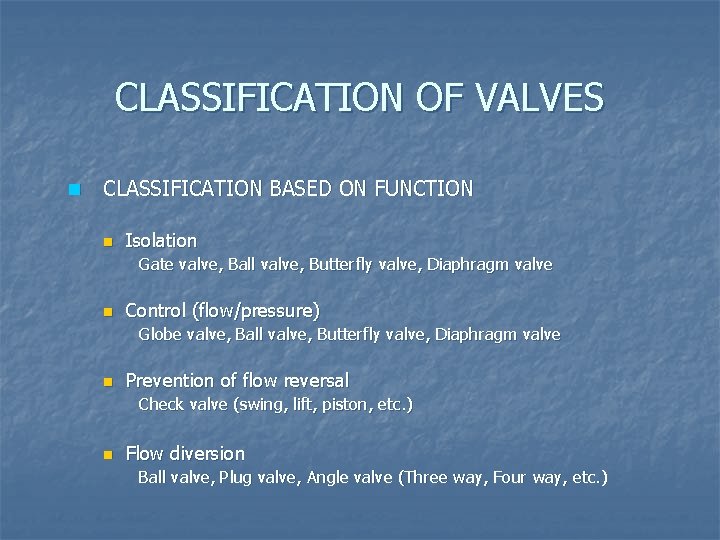 CLASSIFICATION OF VALVES n CLASSIFICATION BASED ON FUNCTION n Isolation Gate valve, Ball valve,