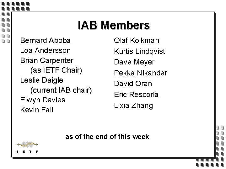 IAB Members Bernard Aboba Loa Andersson Brian Carpenter (as IETF Chair) Leslie Daigle (current