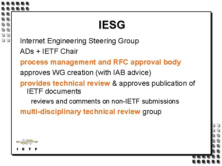 IESG Internet Engineering Steering Group ADs + IETF Chair process management and RFC approval