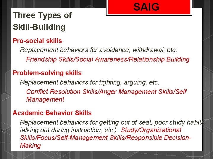 Three Types of Skill-Building SAIG Pro-social skills Replacement behaviors for avoidance, withdrawal, etc. Friendship