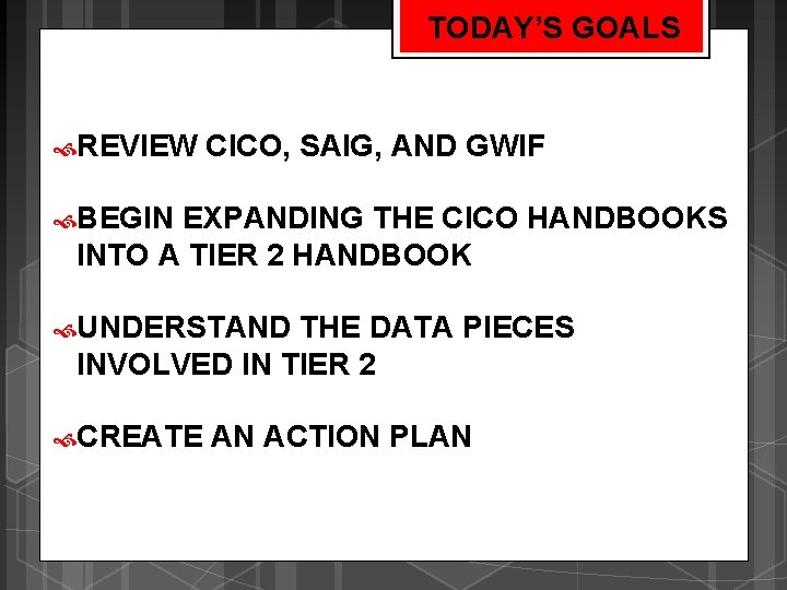 TODAY’S GOALS REVIEW CICO, SAIG, AND GWIF BEGIN EXPANDING THE CICO HANDBOOKS INTO A